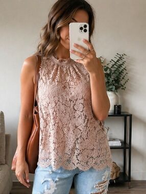 Generation Love Lace Blouse Sz S Taupe High Neck Romantic Sheer Top NWOT